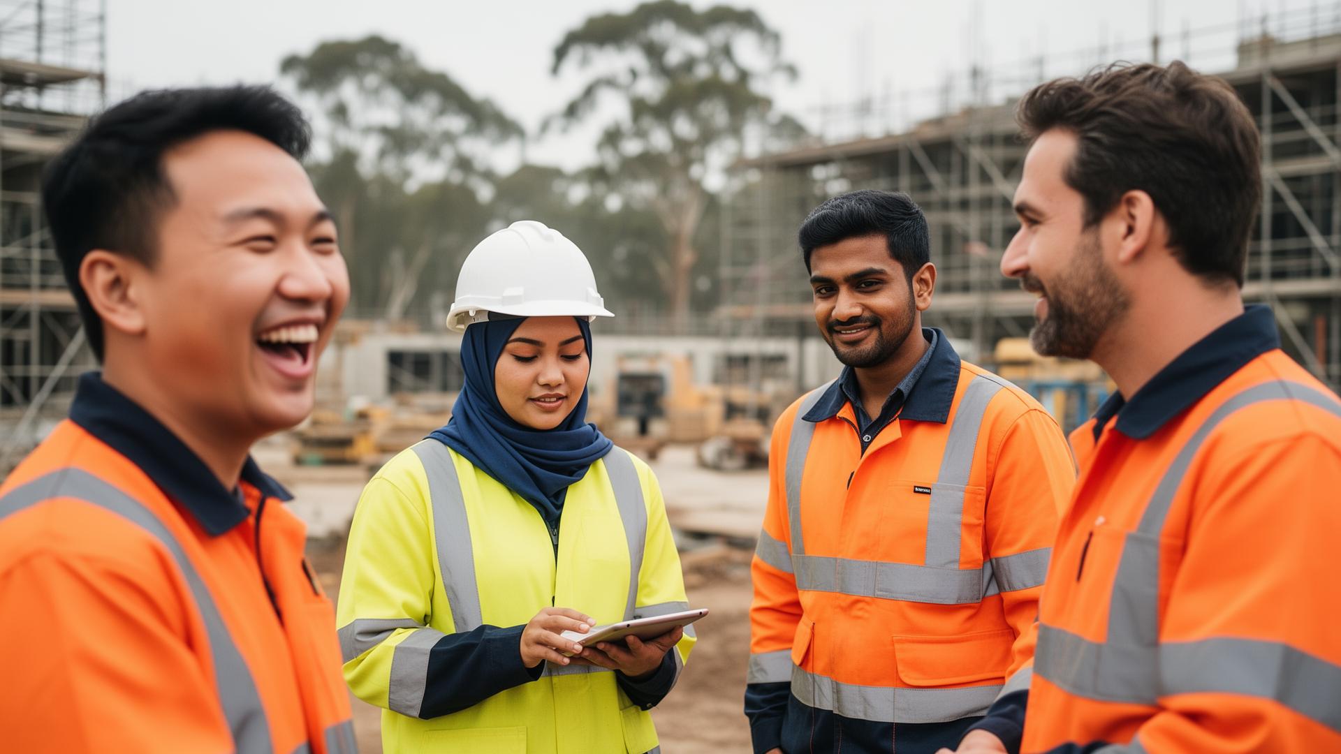 Diverse Australian workforce in high-visibility safety gear using a multilingual learning management system on mobile devices