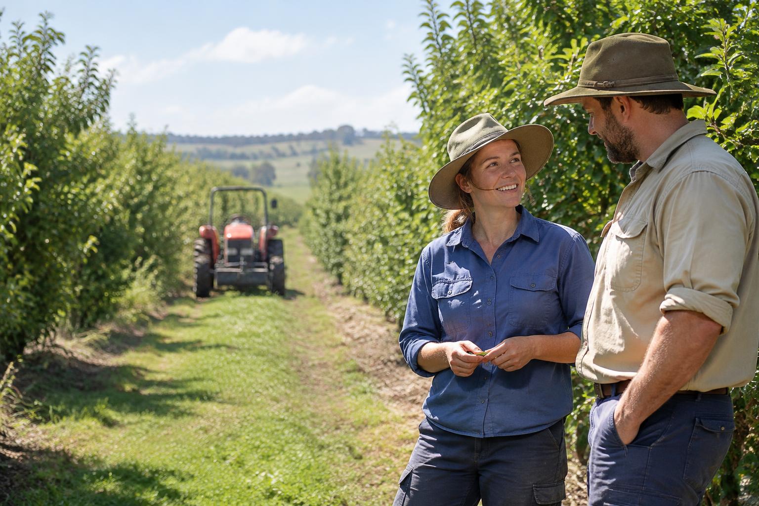 Farm workers speaking beside an Australian orchard