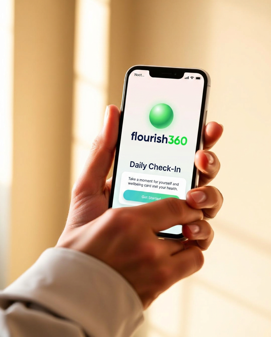 A person holding a phone with the Flourish360 Daily Check-In