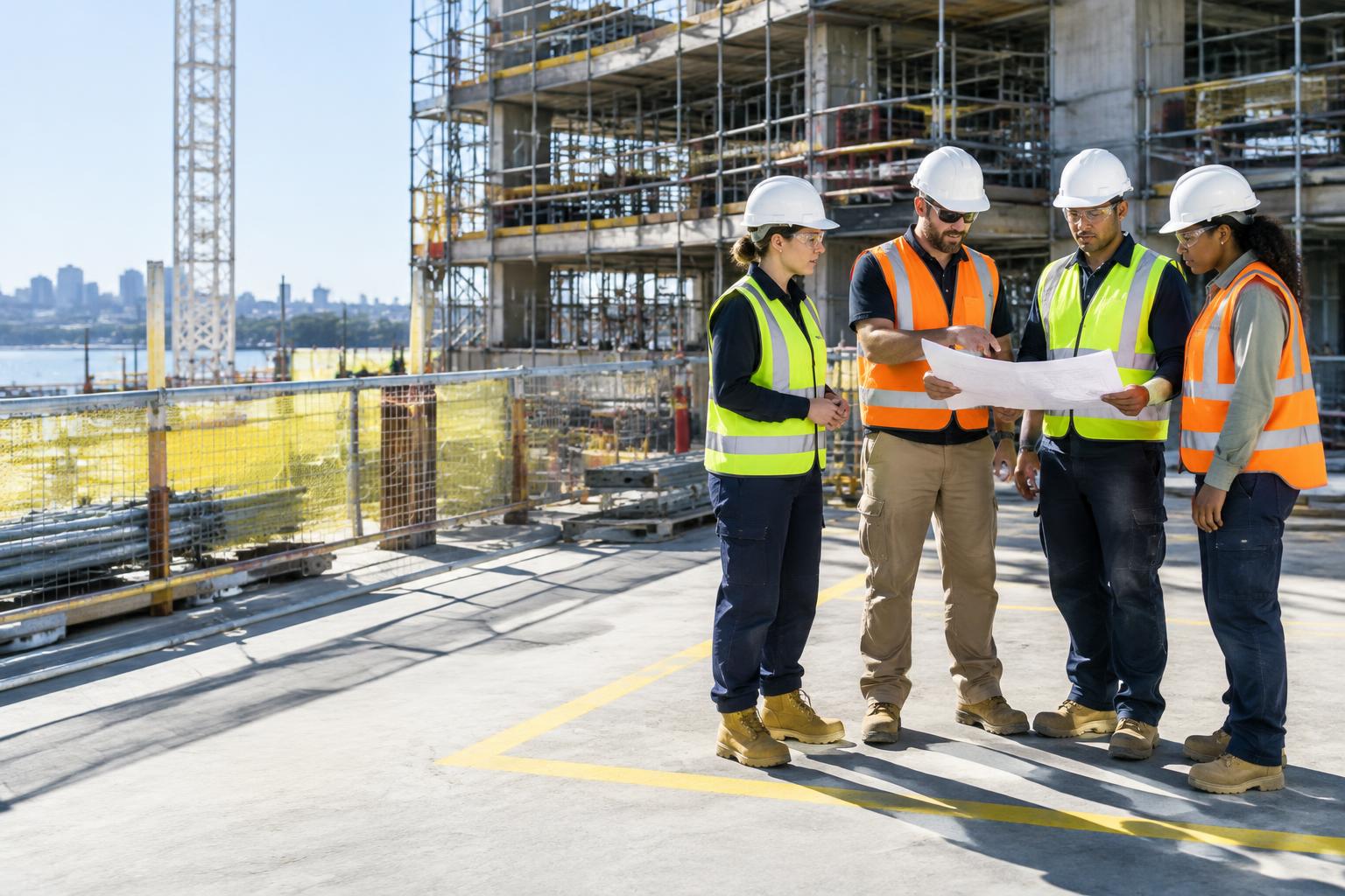 Construction team reviewing a work plan in a safe site area