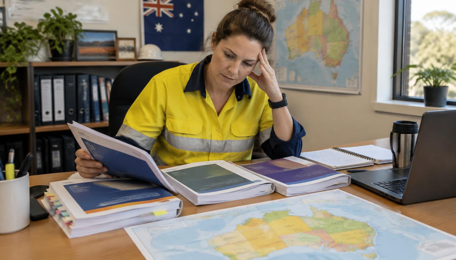 Australian safety manager comparing several psychosocial codes of practice beside a map of Australia