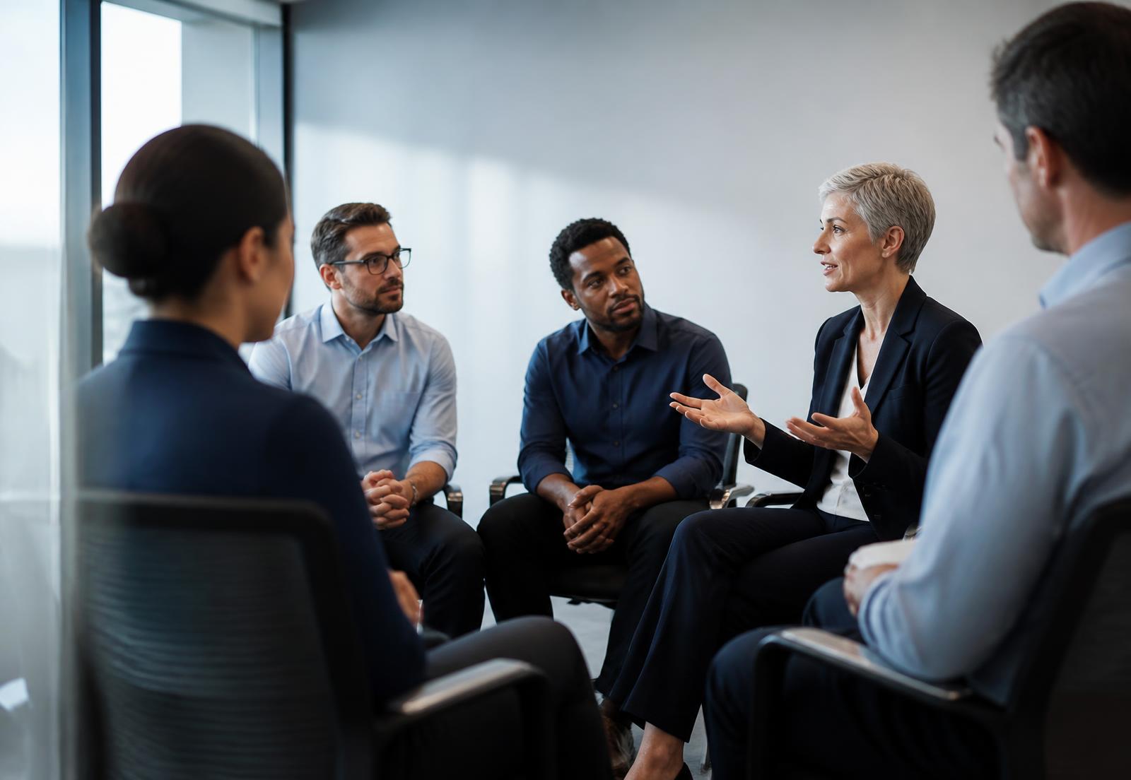 Managers in a leadership workshop, seated in a circle and listening to a facilitator