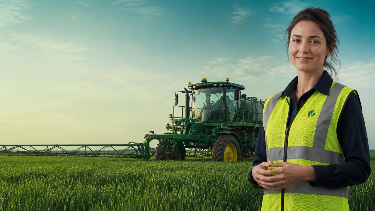 Multilingual safety training lesson with an on-screen presenter avatar in front of a self-propelled sprayer