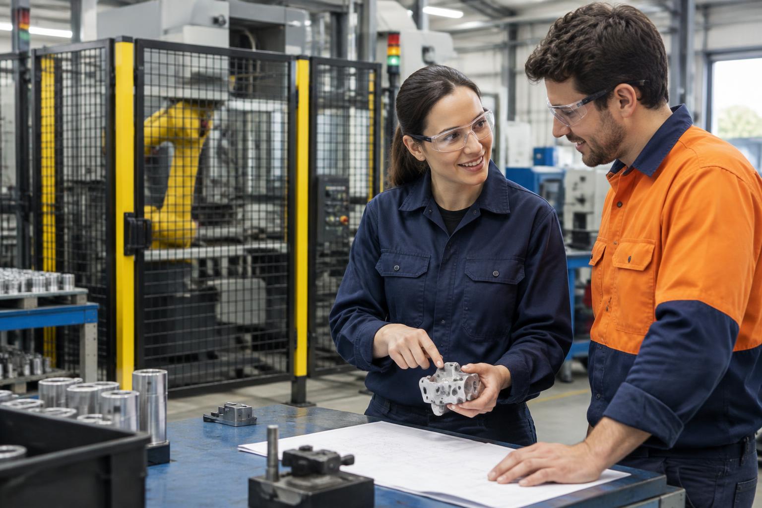 Manufacturing colleagues consulting at a production workstation