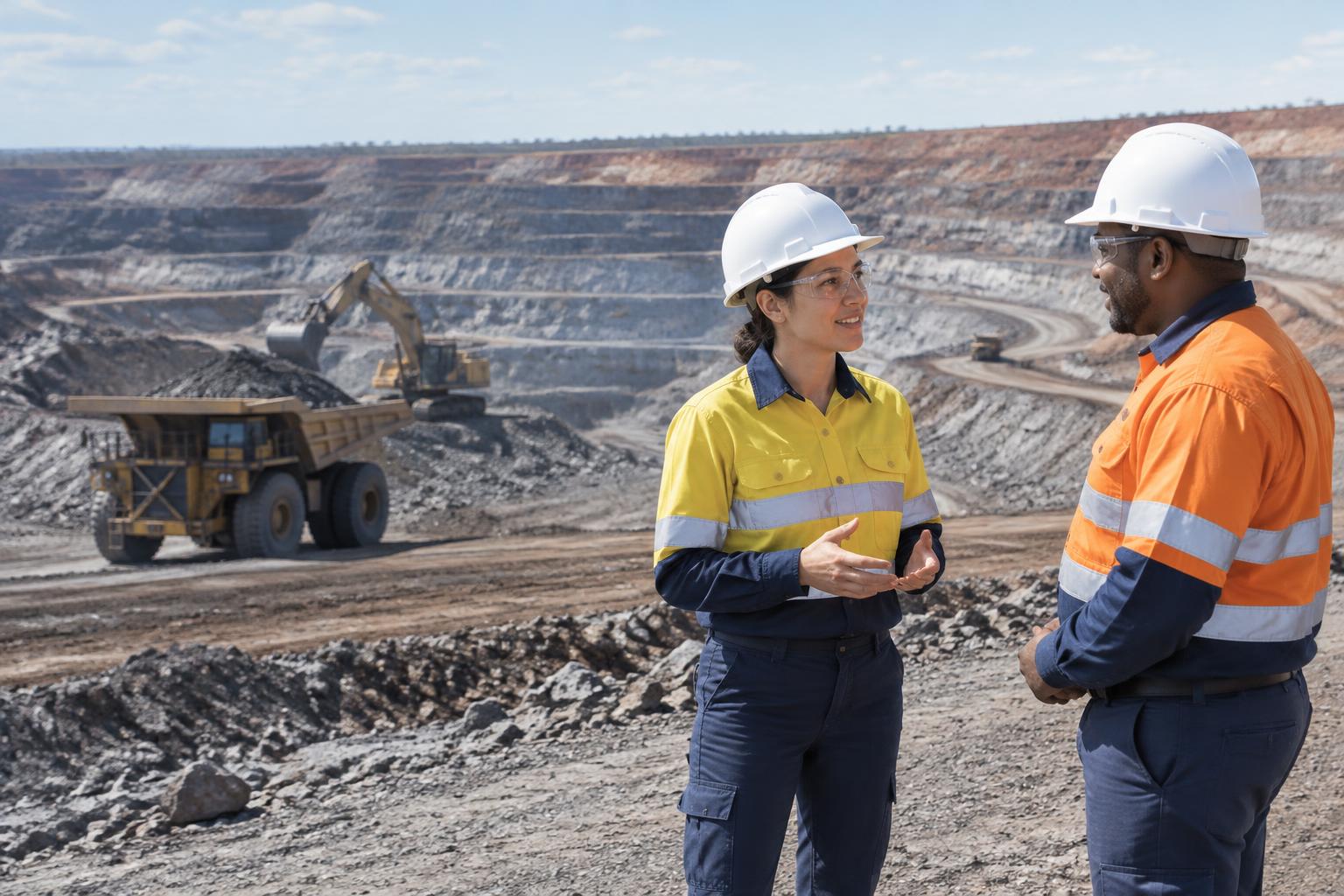 Mining workers speaking at an open-cut mine