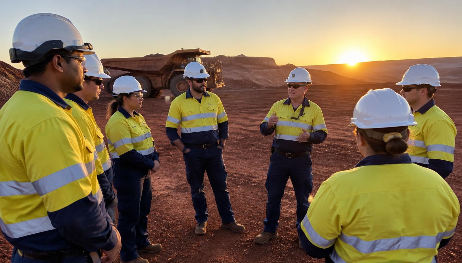 Diverse Australian mine crew in hi-vis gathered for a toolbox talk at sunrise on red earth