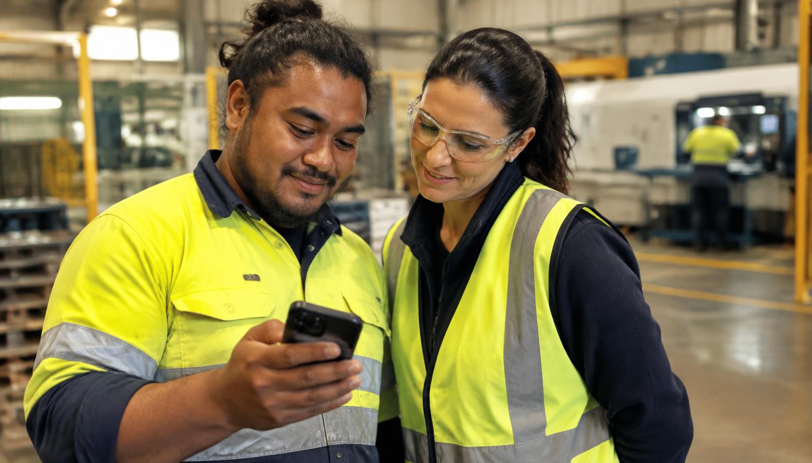 Pacific Islander worker in hi-vis watching a short safety lesson on a phone with his supervisor on a factory floor