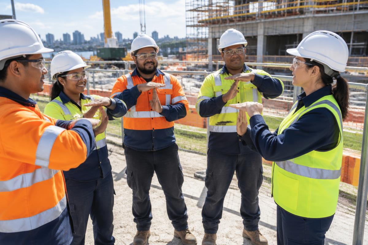 Diverse construction crew practising a hand signal together during a pre-start briefing