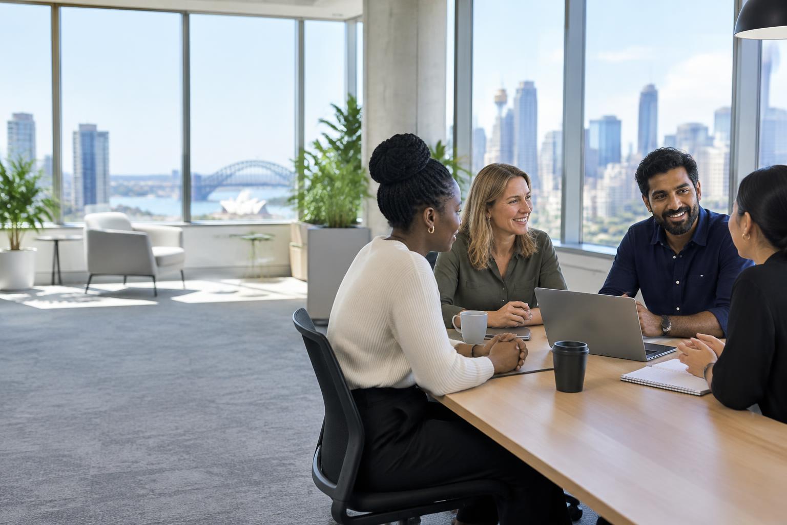 Illustrative office team conversation in New South Wales