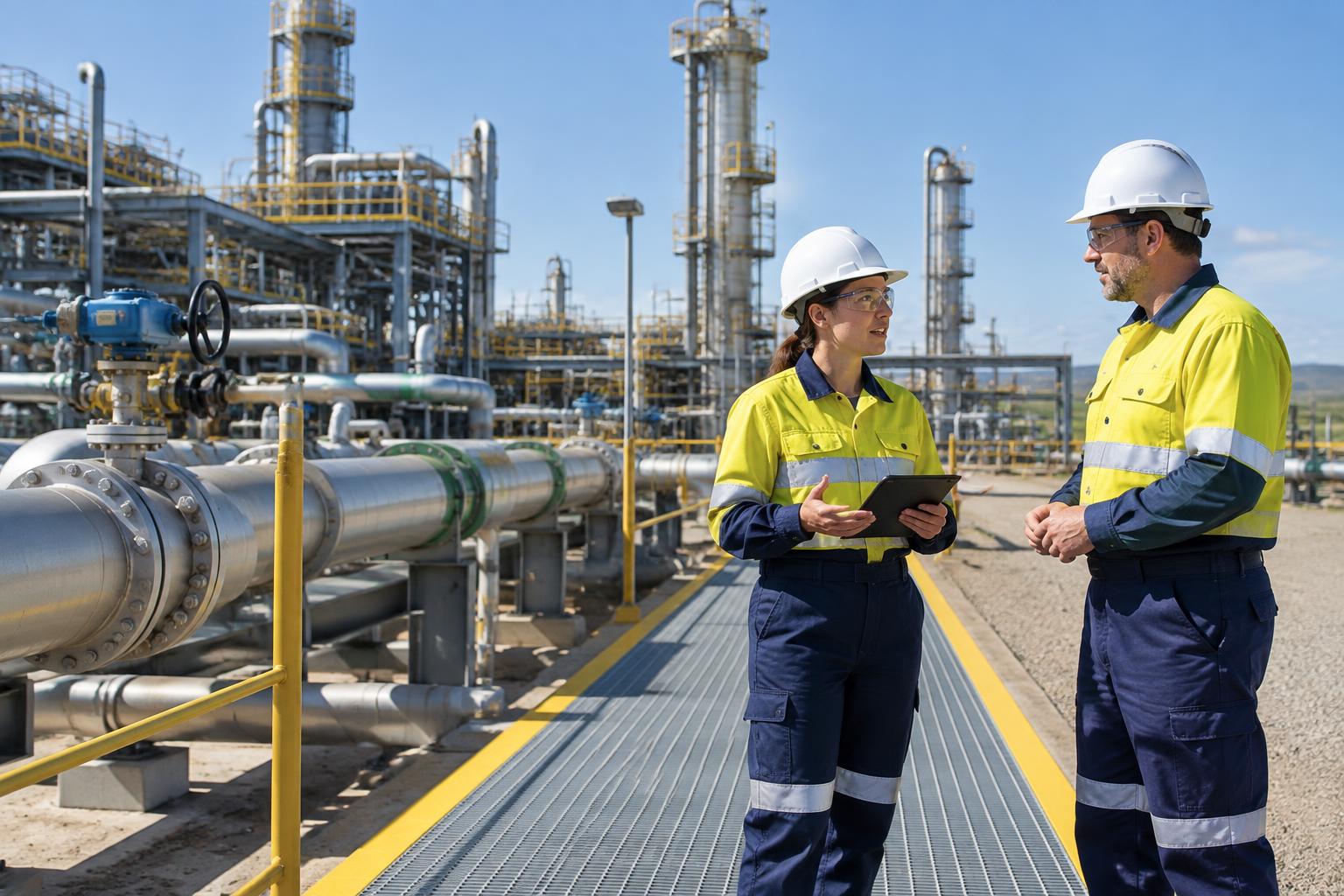 Oil and gas workers discussing a handover at a processing plant