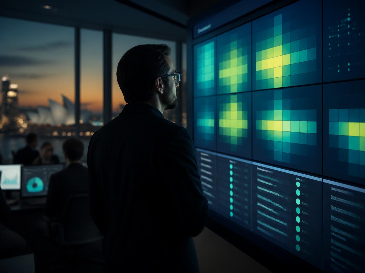 Risk leader reviewing an enterprise risk heatmap and live risk register on a wall display
