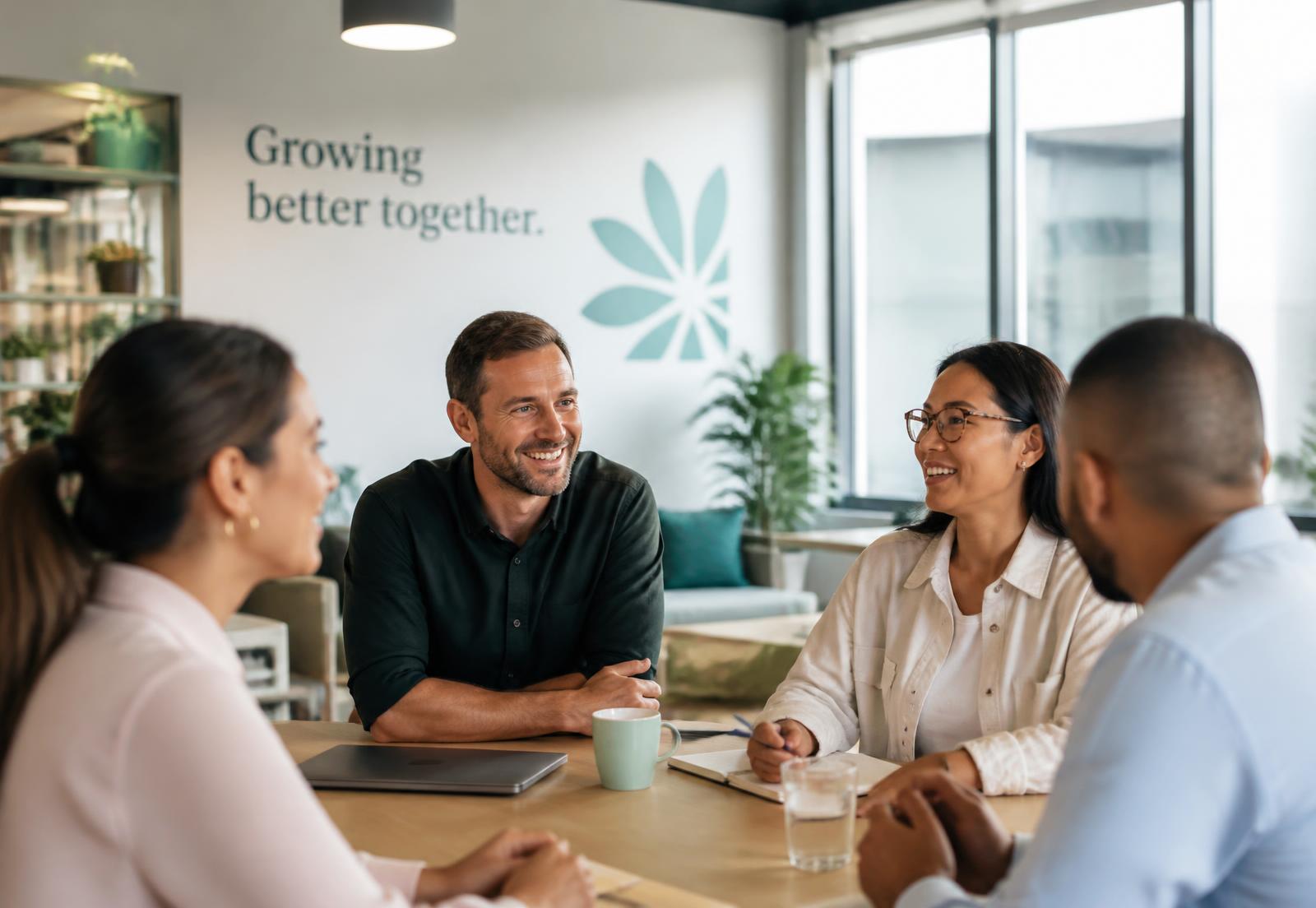 A diverse Australian workplace team in relaxed conversation in a bright, modern office