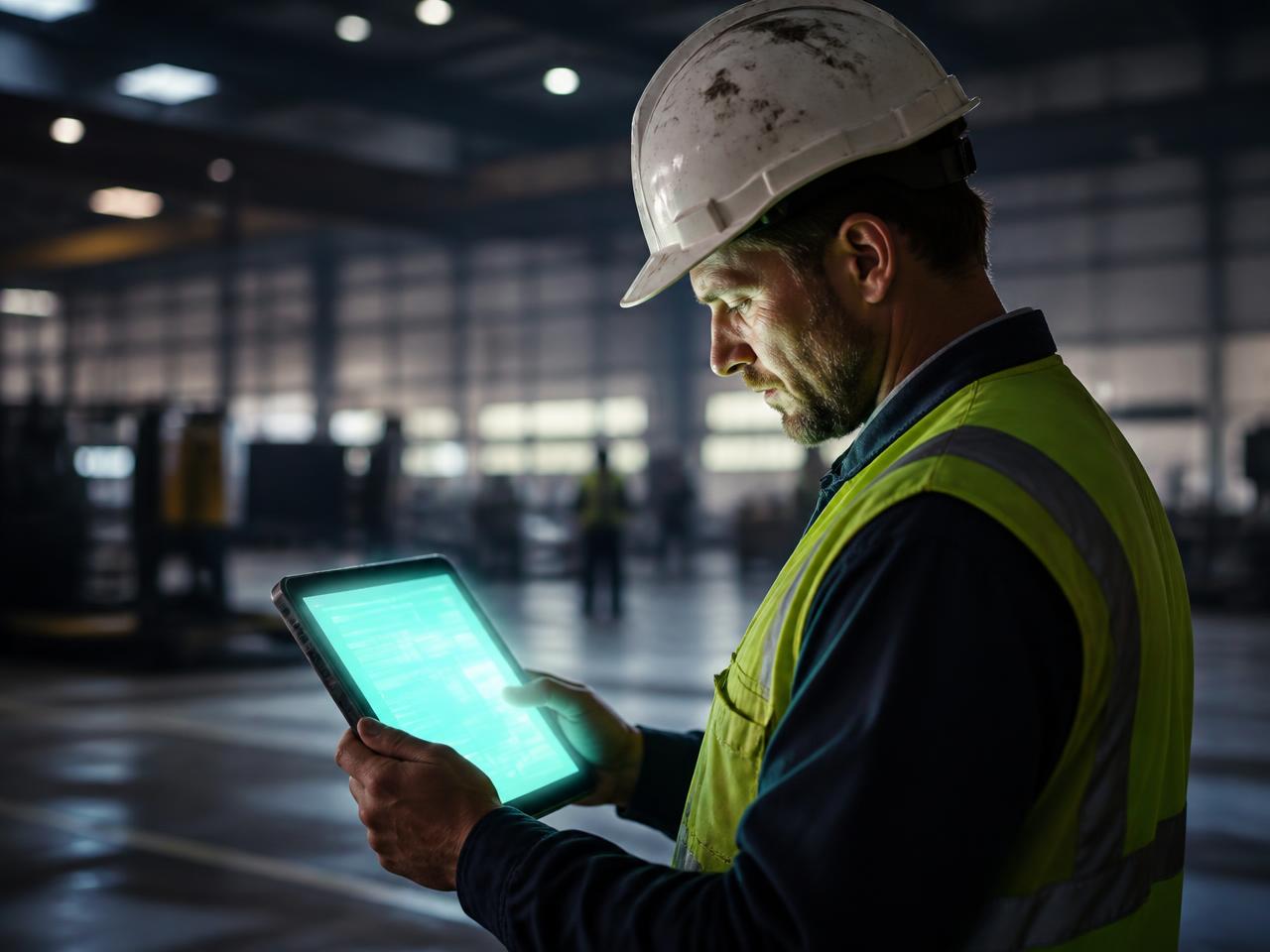 Australian worker in hi-vis completing multilingual compliance training on a rugged tablet