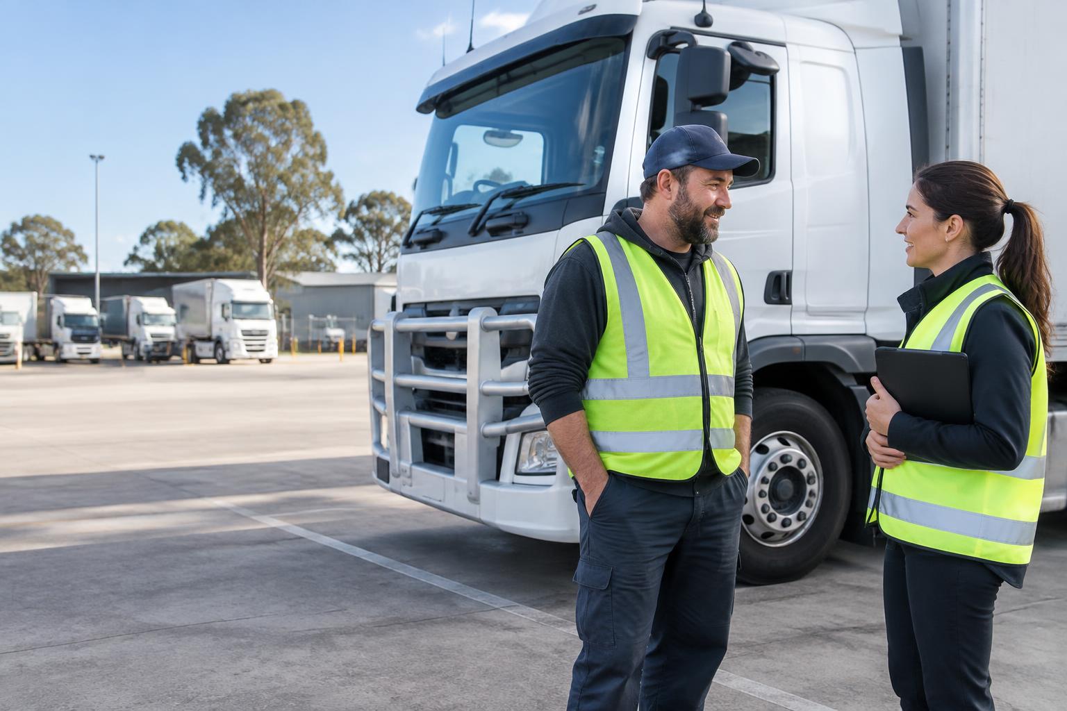 Driver and dispatcher talking beside a stationary truck